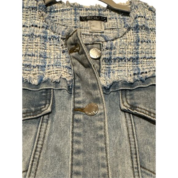 Venus Women's Frayed Button Front Mixed Media Tweed Denim Jacket Blue Size 6 - Picture 7 of 7